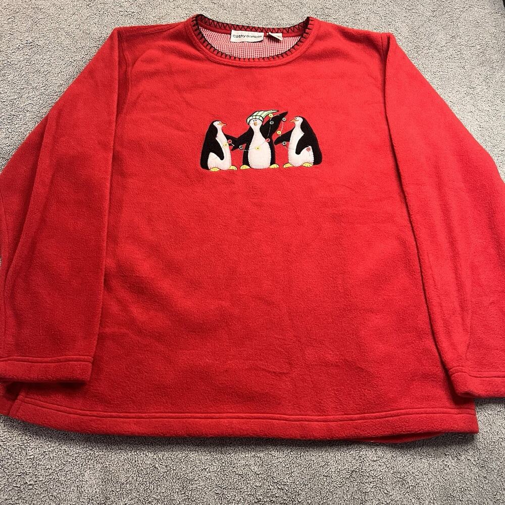 VTG Cathy Daniels Christmas Fleece Sweater Size L Red Penguin Embroidered B362
